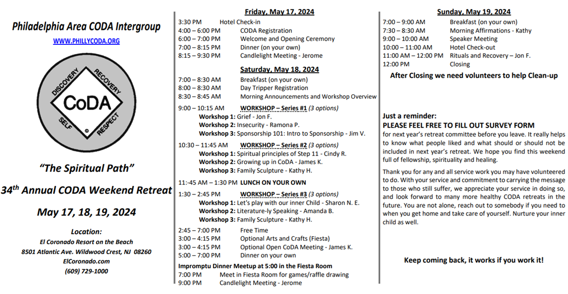 34th Annual Philly CODA Weekend Retreat Schedule